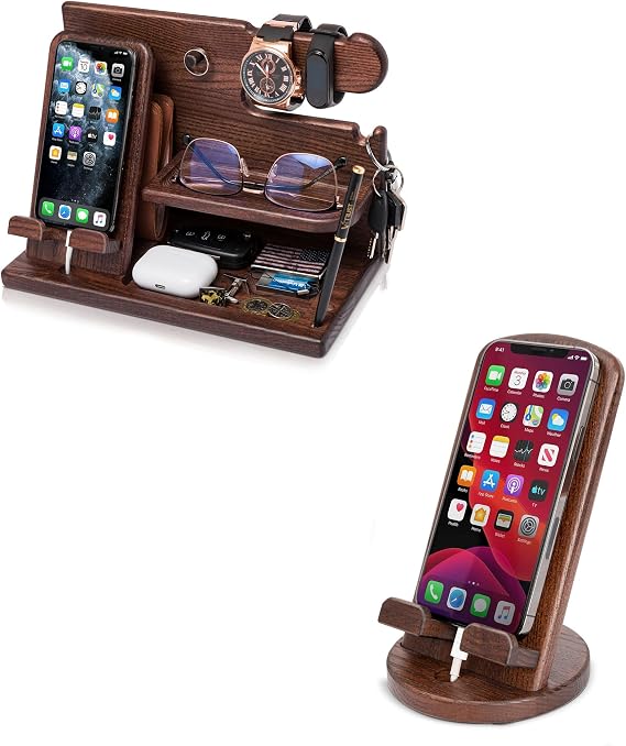 TESLYAR Wood Phone Docking Stations for Men - Desk or Nightstand Organizers