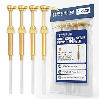 PERMINKS Premium Coffee Syrup Pump Dispenser, Fits 750ml Torani, Skinny & Davinci Bottles, Precise 1/4 oz Flow, Lockable Leak-Proof Design for Coffee Bar Accessories & Essential 4-Pack, Gold