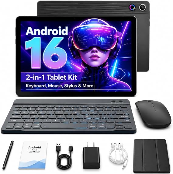 Jeazans Android 16 Tablet 10.1 Inch, 2-in-1 Tablet Bundle with Keyboard, Wireless Mouse, Stylus, Leather Case, Dual Camera, 64GB Storage+1TB Expansion, Portable Laptop for Students & Business