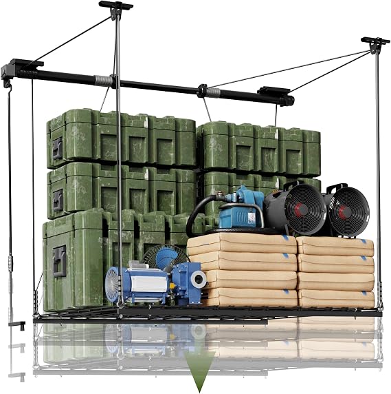 Adjustable Overhead Garage Storage Rack, 4x4ft Garage Ceiling Storage Lift, Heavy Duty Garage Storage Lift System With 300lbs Weight Capacity, Perfect for Kayaks, Ladders