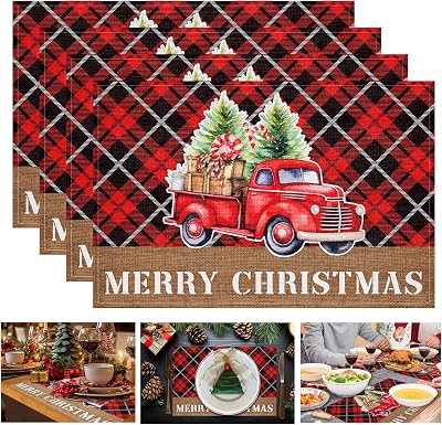 Christmas Placemats Set of 4, Black Red Buffalo Plaid Christmas Trunk Place Mats for Home Kitchen, Winter Rustic Dining Decor, Xmas Party Decorations, 12x18 Inch Seasonal Table Mats
