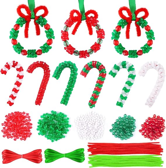 Christmas Craft Kit - 60 Sets Beaded Ornament Kit Including Wreath, Candy Cane for Xmas Tree Decorations - Adults & Kids - Assembly Needed