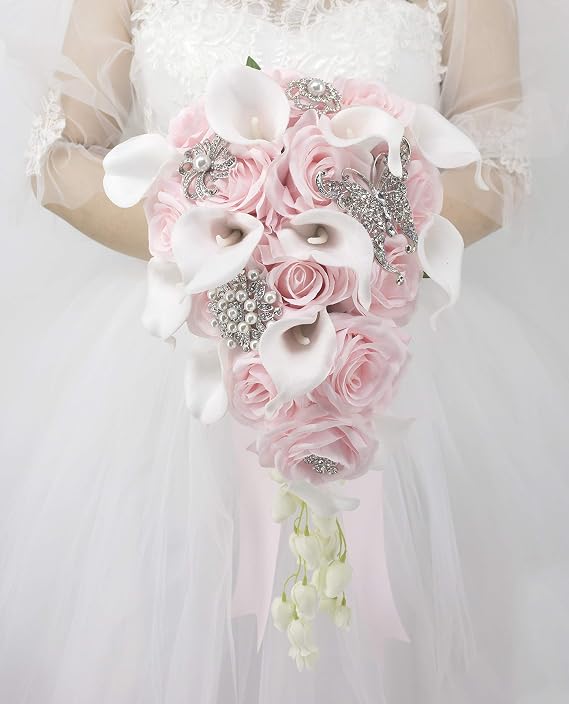 Abbie Home White Calla Lily and Rose Cascading Bride Bouquet Waterfall Wedding Flower - Lily Rhinestone Jewelry Brooches and Satin Ribbon Decor (Pink)