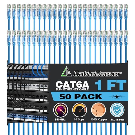 CableGeeker Patch Cables Cat6a 1ft (50 Pack) Slim, Cat6 Ethernet Patch Cable 10G Support, Snagless RJ45 Cat 6 Patch Cable for Patch Panel to Switch, Flexible Network Cable - 1 Feet Blue