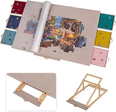Lavievert Fully Flannel Covered Tilting Puzzle Board with 6 Drawers & Cover, Adjustable Plateau with Stand for Adults, Portable Puzzle Table with Non-Slip Tabletop for Up to 1500 Pieces - Dusty Pink