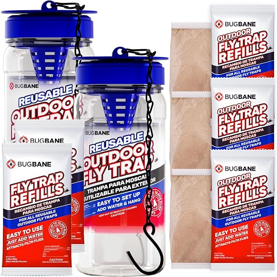 2 Reusable Outdoor Fly Trap with Chains with 7 Non-Toxic Dissolvable Bait Refills