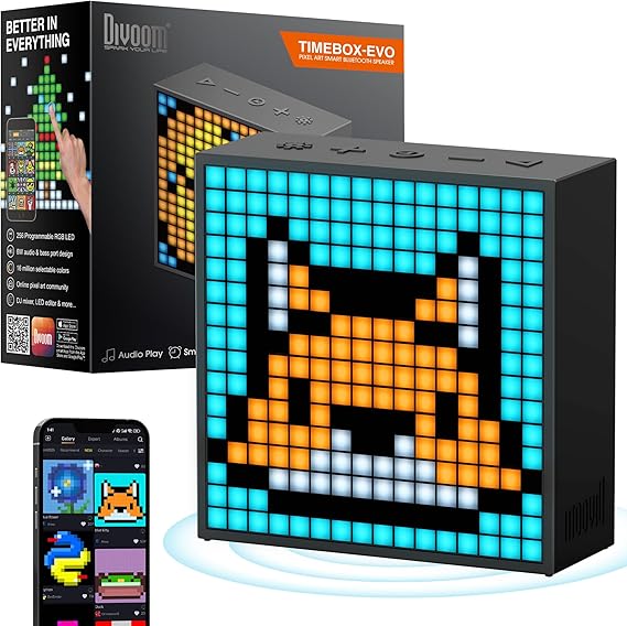 Divoom TimeBox Evo -- Pixel Art Bluetooth Speaker with 16x16 LED Display APP Control - Cool Animation Frame & Gaming Room Setup & Bedside Alarm Clock- Black | Alarm Clock Mode, APP Control, Pixel Animations, Gaming Setup, Desk Decor