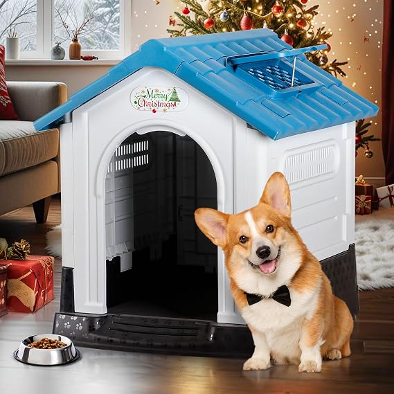 Pet Republic Plastic Dog House Indoor Outdoor Dog Kennel Easy to Assemble Puppy Shelter with Adjustable Skylight Elevated Floor Waterproof (Rectangle)