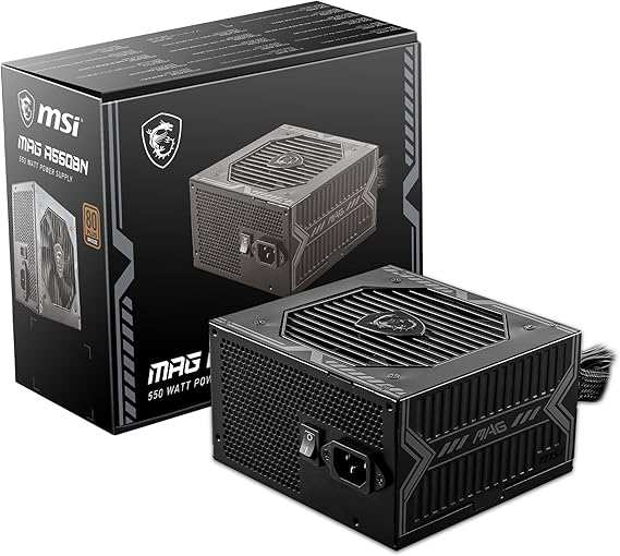 MSI MAG A550BN güç kaynağı, AB fişi, 550 W, 80 Plus bronz sertifikalı, ATX güç kaynağı, 12 V Single-Rail, DC/DC gerilim dönüştürücü tasarımı, 120 mm fan