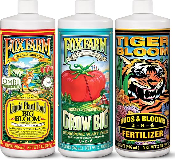 FoxFarm Hydro Liquid Trio Pack - Big Bloom, Grow Big Hydroponic, Tiger Bloom Fertilizers for Plant Growth, Bud Development & Abundant Fruit - Complete Hydroponic Plant Food Set - 3 Quart Bottles