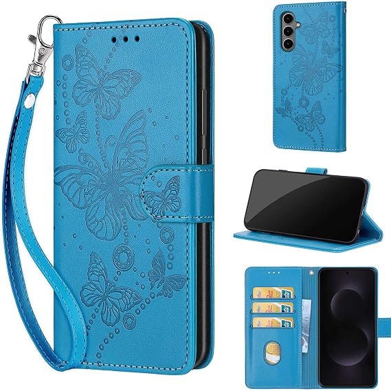 Wallet Case for Samsung Galaxy S25 FE 5G, Blue Butterfly | Women Flip Folio Cover, Embossed PU Leather, Stand, Credit Card Holders Slots, Wrist Strap