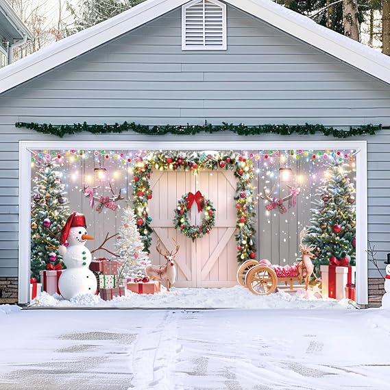 Christmas Garage Door Banner - 16 x 7 ft, Large White & Pink Christmas Decoration, Outdoor Banner with Winter Snow Reindeer Backdrop