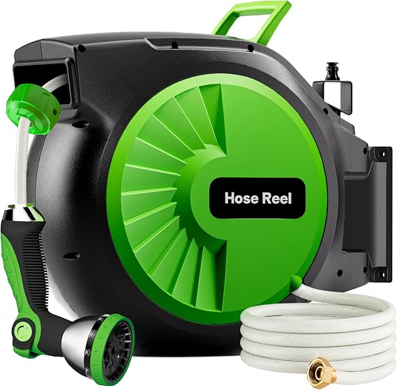 Retractable Garden Hose Reel 66FT x 1/2 in, Wall Mount Water Hose Reel for Outside with Auto Rewind, Tangle-Free Guide, 180 Swivel Bracket, Lock at Any Length, High-Pressure Flow, 10-Pattern Nozzle