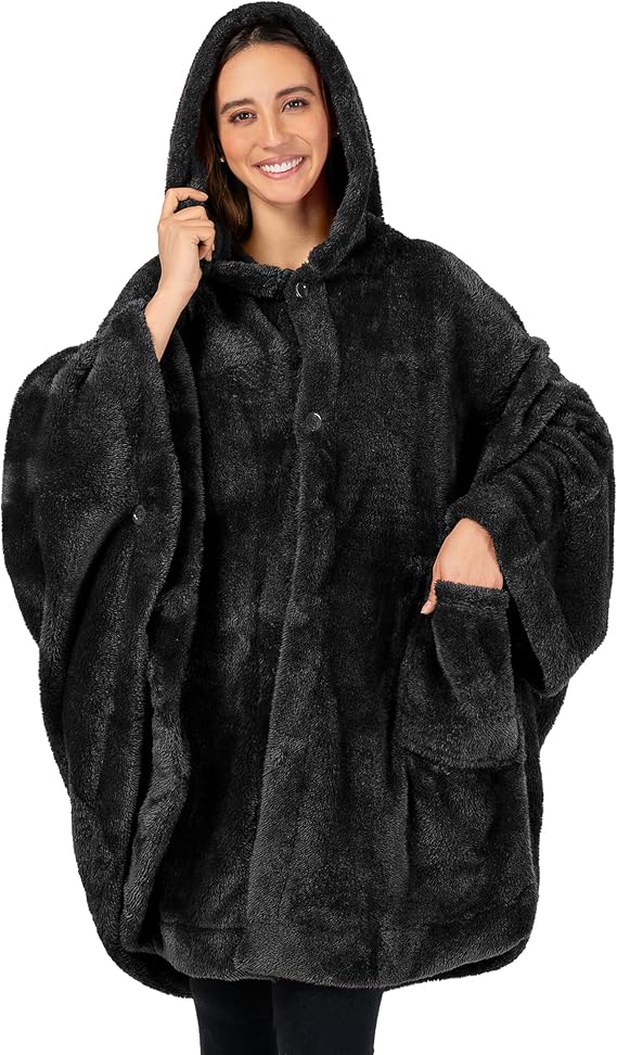 PAVILIA Hooded Blanket Poncho for Women, Sherpa Wearable Wrap with Pockets | Fuzzy Fluffy Shawl Wrap with Hood, Adult Wearable Blanket, Cozy Warm Poncho Cape Throw with Pockets, Gift for Elderly Mom