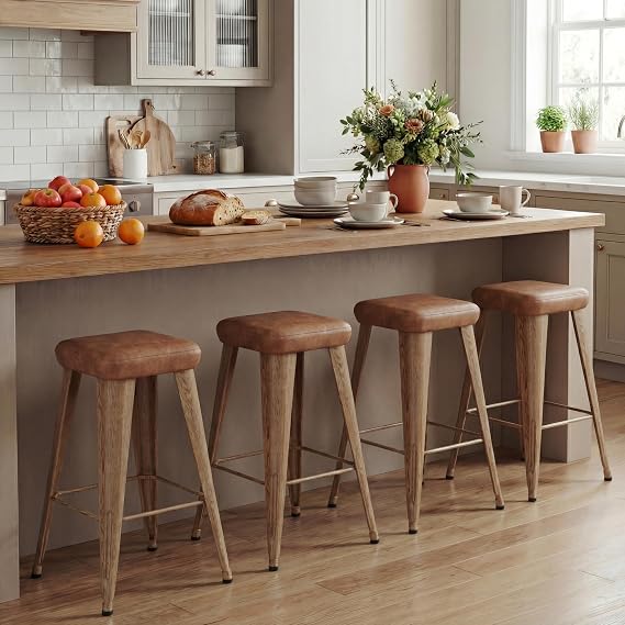 Yongchuang Backless Bar Stools Set of 4, 26" Walnut Brown Metal Barstools | Upholstered Faux Leather Square Seat, Modern Farmhouse Counter Stools for Kitchen Island, Dining Room, Home Bar