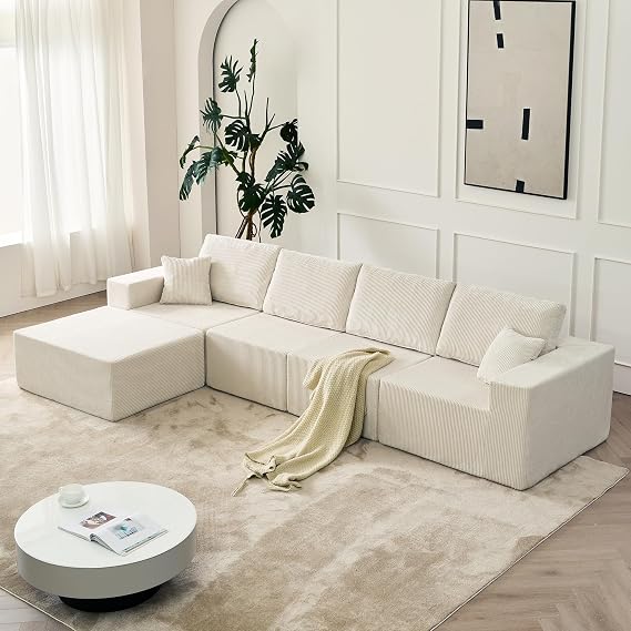 139.3" Beige Cloud Modular Sectional Sofa - 4-Seat L-Shaped Boneless Couch with Ottoman & 2 Pillows, Foam+Spring, No Assembly - Perfect for Living Rooms, Bedrooms, Play Areas
