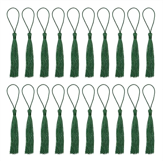 Tupalizy Mini Silky Handmade Soft Flossy Bookmark Tassels with Cord Loop for Keychain Earring Jewelry Making, Souvenir, Graduation, Clothing Sewing, Gift Tag DIY Craft Projects, 20PCS (Dark Green)