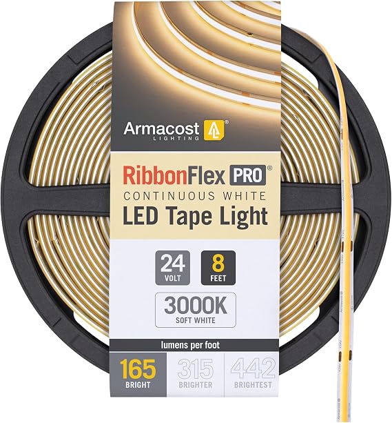 Armacost Lighting RibbonFlex Pro 24V White COB LED Strip Light Tape 3000K, 165 Lumens/Ft, 2.5M 171210