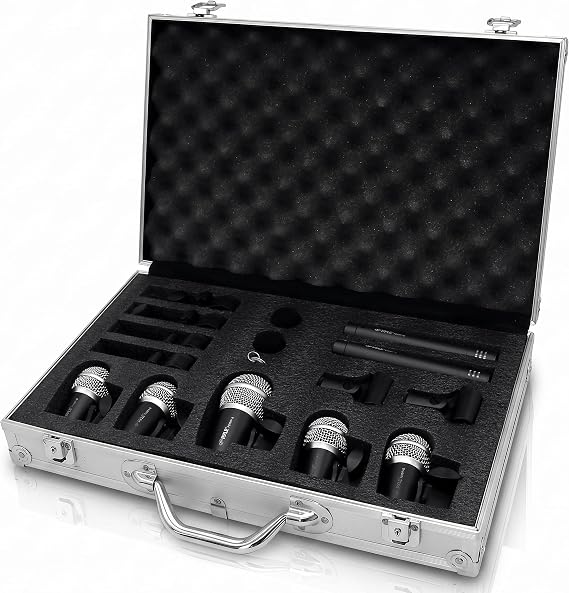 Pyle 7-Piece Wired Dynamic Kit-Kick Bass, Tom/Snare & Cymbals Microphone Set-for Drums, Vocal, Other Instrument-Complete with Thread Clip, Inserts, Mics Holder & Case, Black