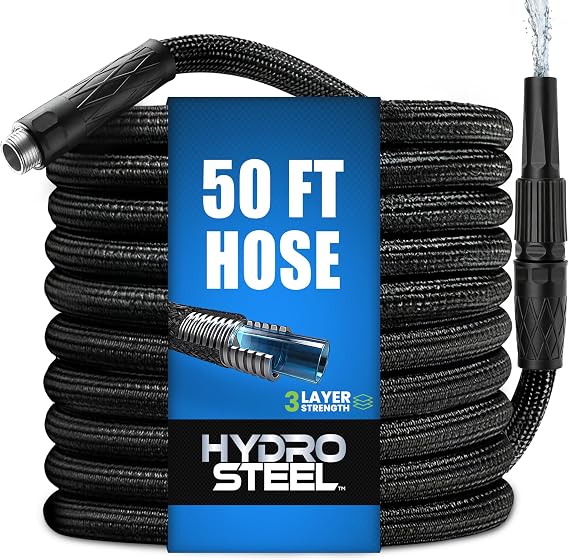 Hydrosteel 50 Ft Heavy Duty Metal Garden Hose with Nozzle