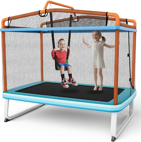 Goplus 6FT Rectangle Trampoline for Kids, 75 ASTM Approved Mini Toddler Trampoline with Swing, Horizontal Bar, Outdoor Indoor Recreational Rebounder w/Enclosure Net, Cover, Gift for Boys Girls