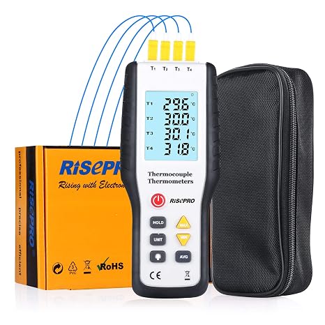 Thermocouple Thermometer, RISEPRO 4 Channel K Type Digital Thermometer Thermocouple -200~1372C/2501F Sensor HT-9815