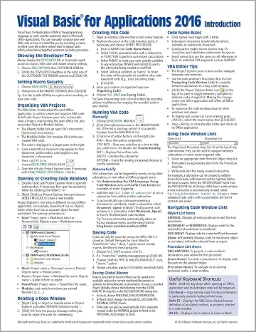 Visual Basic for Applications (VBA) 2016 Introduction Quick Reference Guide - Windows Version (Cheat Sheet of Instructions, Tips & Examples - Laminated)