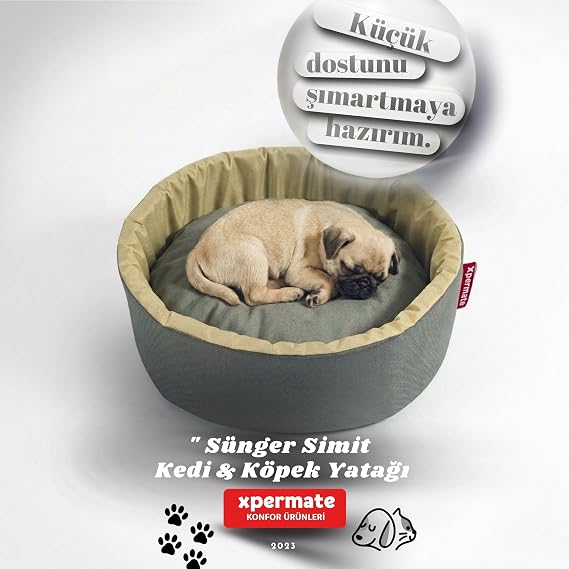Xpermate Kedi ve Köpek Yatağı Küçük Irk Köpek Yuvası Sünger Simit (Antrasit Bej, 45 cm)