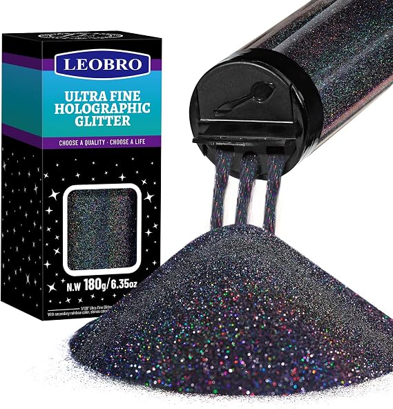 LEOBRO Black Glitter, 180g/6.35oz Extra Fine Holographic Glitter for Crafts, Resin, Face Body Art, DIY Tumbler Party Halloween Decorations