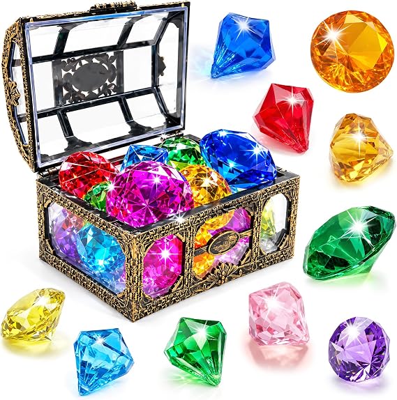 Swim Diving Games Pool Toys 17PCS Colorful Diamond Toy with Treasure Box Chest Summer Underwater Gemstone Outdoor Water Accessories for Kid Age 5 6 7 8 9 10 11 12 Year Old Girl Boy Stuff Fun Gift