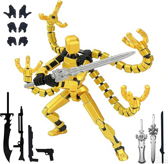 3D Printed Robo-The 13 Action Figure, Fully Assembled Four Claw Robot with Octopus Arms | Already Assembled Lucky Figure, 5+ Weapons & Interchangeable Hands, Robots Figures for Boys,7.2 Inch Gold