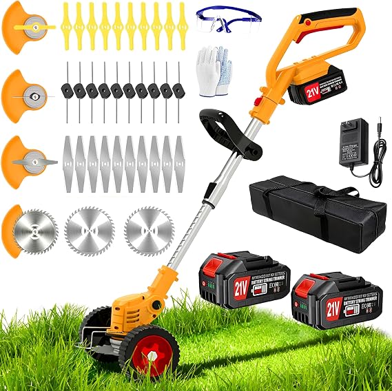 Electric Weed Wacker Cordless Eater, Stringless String Trimmer Battery Powered, 3 in 1 Lightweight Grass Trimmer/Brush Cutter/Edge, 4 Types Blade, Weed Trimmer with Wheels for Lawn Yard Garden