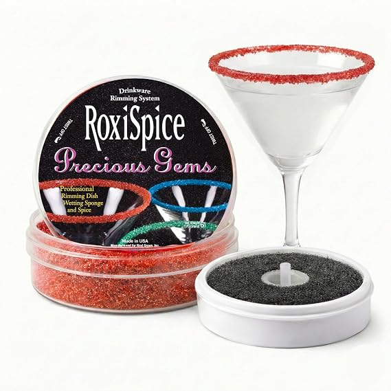 RoxiSpice Sugar Rimmer for Cocktails (6 oz, Ruby) Flavored Rimming Garnish for Cocktail Glasses, Complete System with Rim Dish and Wetting Sponge