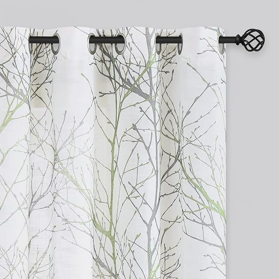 FMFUNCTEX Linen Sage Green White Semi Sheer Print Curtains 63 Inch 2 Panels | Branch Sheer Patterned Drapes, Light Filtering Grommet Panels for Bedroom, Living Room, Basement, Farmhouse Window Curtain