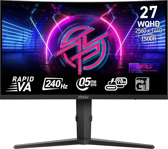 msi MPG 275CQRXF 27-inch 2560 x 1440 (QHD) Computer Monitor, 240Hz, Adaptive-Sync, HDR Ready, HDMI, VGA Port, Display Port,VESA Mountable, Tilt, Speaker, 0.5ms, Black