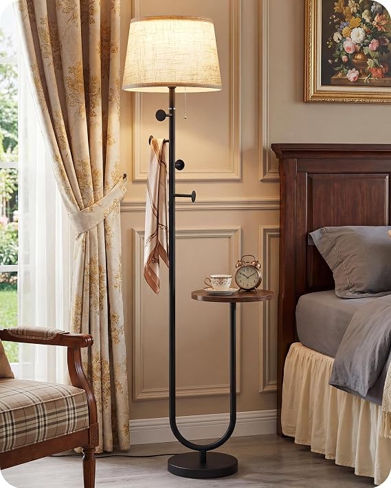 Floor Lamp with Table, Modern Standing Lamp with Shelf and Coat Rack, 3 Color Temperature Bulb Included, Side Table Floor Lamp for Living Room Bedroom Corner, Rustic Brown and Beige FE23LD05