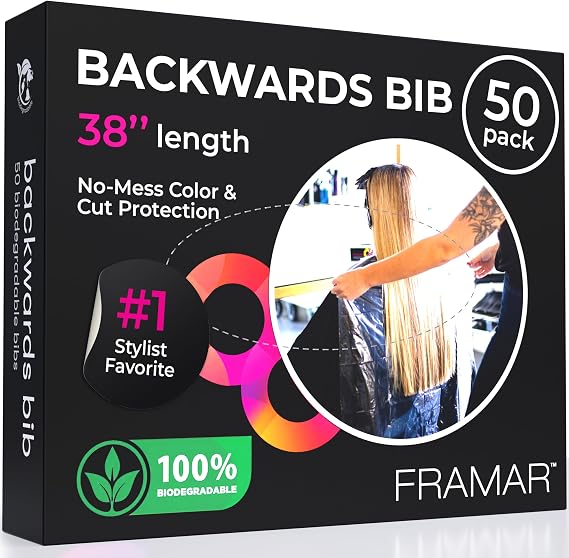 FRAMAR Backwards Bib Disposable Hair Cutting Capes Salon, Protects Clients, Disposable Salon Capes & Chair, Hair Dye Cape, Barber Cape 50 bibs