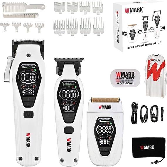 WMARK Professional 3-in-1 Zinc Alloy Barber Kit - 3 Speed Setting with Digital Display (Speed/RPM/Power) & Smart Reminders (Oiling/Overheat), Hair Clipper/Trimmer/Shaver for Barber & Men, NG-7602KIT