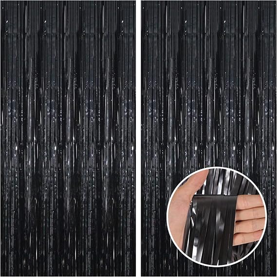 CANREVEL 2 Pack 3.3x8.2 Feet Black Foil Fringe Backdrop Curtains, Tinsel Streamers Birthday Party Decorations, Fringe Backdrop for Graduation, Halloween, Happy New Year, Disco Party