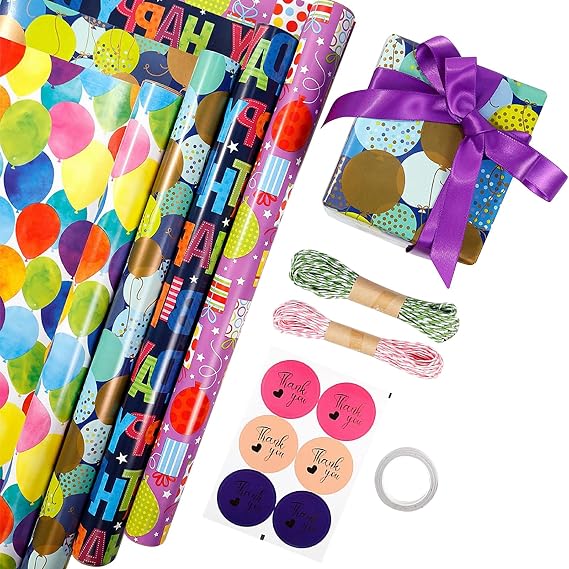 SJORHNUS Birthday Wrapping Paper Roll,4 Rolls Gift Wrapping Paper Sets with Stickers and Twines,Colorful Happy Birthday Lettering and Balloons Design Wrapping Paper,17 Inch x 9.84 Ft Per Roll