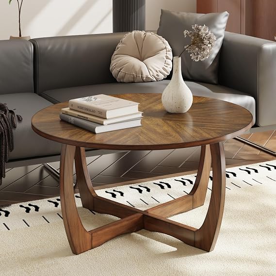 Round Coffee Table for Living Room, Soild Wood Walunt Center Coffee Tables with Cross Legs,33.5 Mid-Century Circular Cocktail Tables, Easy Assembly, Rustic Brown KFZ3223