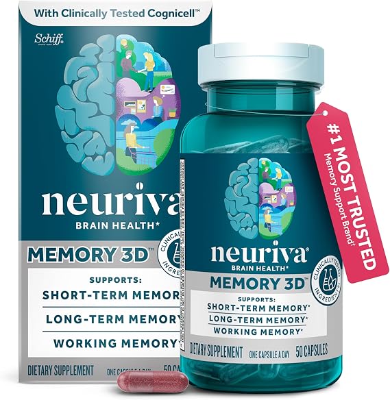 NEURIVA Memory 3D Brain Supplements for Memory and Focus, Vitamin B12 & B6, Folic Acid, 50 Count Capsules