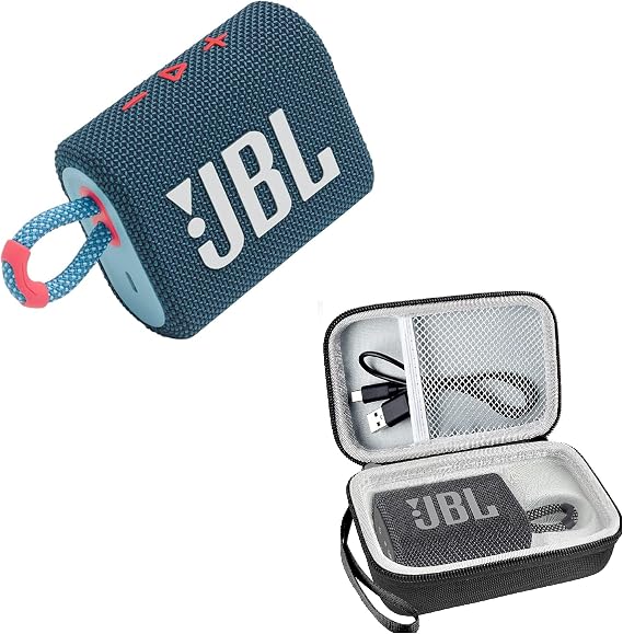 JBL Go 3 Portable Waterproof Wireless Bluetooth Speaker Bundle with Premium Carry Case (Blue Pink)