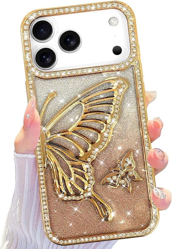 LSL for iPhone 17 Pro Case Cute 3D Butterfly Pattern Design - Gold