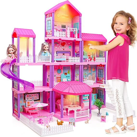 beefunni Doll House, Dollhouse with 4 Stories-11 Rooms, 2 Dolls and Lights