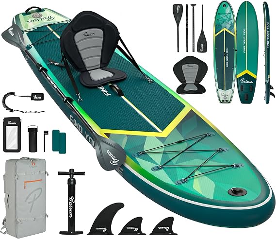 PRAISUN 12 x 35 Inflatable Paddle Board, 450lbs Extra Wide Stand Up Paddleboard for Youth/Adults of All Skill Levels, Stable SUP with Seat & Full Kit, for Fishing, Yoga, Lake & Ocean