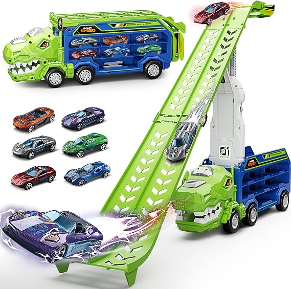 Dinosaur Truck Toys with Race Track, Carrier Truck Playset with 6 Toy Cars