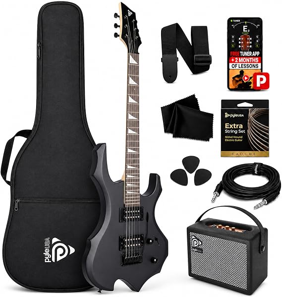 Pyle Heavy Metal EG Fire Electric Guitar Axe w/ Amplifier Kit, Full Size Instrument w/ Practice Amp & Accessories, Metal Axe, Black