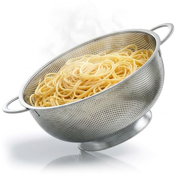 Stainless Steel Strainer for Rice With Handles, Fine Holes, 5 Qt | Rice Strainer Bowl with Stable Ring Base; Rust Resistant; Dishwasher Safe; for Grains, Beans, Spaghetti, Veggies and Fruits