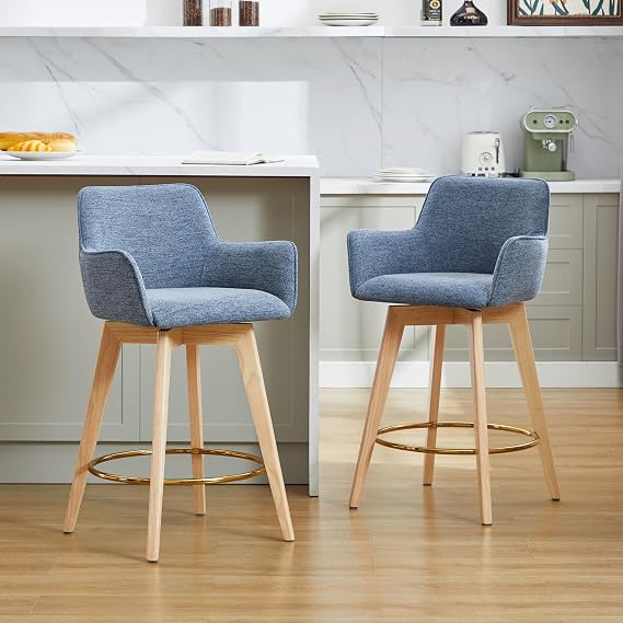 Swivel Counter Stools with Backs, Linen Upholstered Bar Stools with Arms and Solid Wood Legs, 26 Inch Modern Bar Stools for Kitchen Island, Home Pub (Blue, Set of 2)